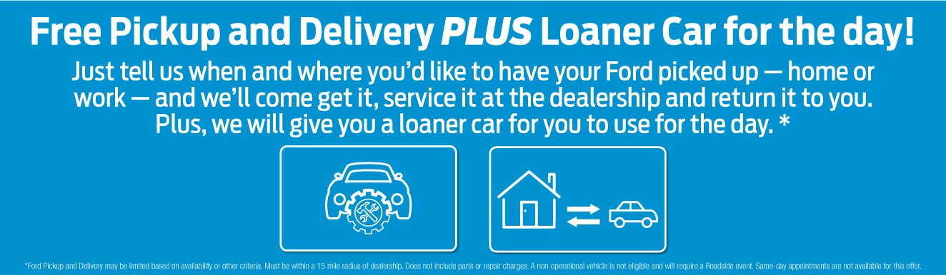 Free Pickup & Delivery plus loaner car for the day! Just tell us when and where you'd like to have your Ford picked up - home or work - and we'll come get it, service it at the dealership and return it to you. Plus, we will give you a loaner car for you to use for the day | Crater Lake Ford
